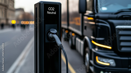 Electric truck charging at a CO₂ neutral station in an urban setting. Sustainable transportation, eco-friendly logistics, renewable energy, and green technology concept.