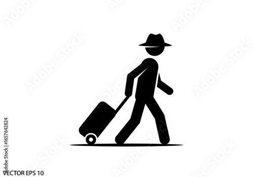 Simple Icon of a Traveler Walking with Suitcase and Hat