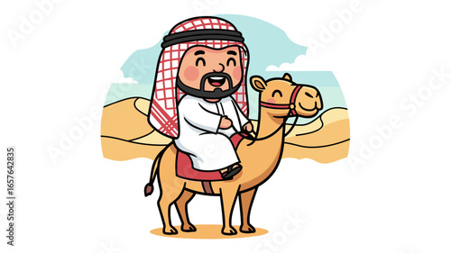 Cartoon illustration of a joyful Arabian traveler riding a camel across golden sand dunes, depicting adventure.