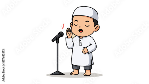 Vector illustration of a cute Muslim boy character reciting the Adhan prayer before a microphone.eps