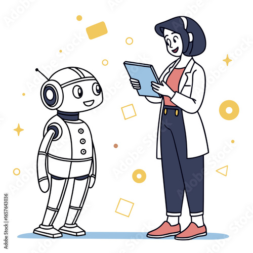 Woman in lab coat presenting to robot presentation technology