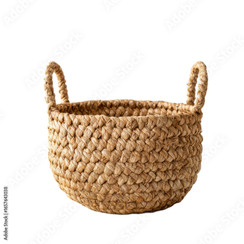 Woven basket with a handle sits on a white background