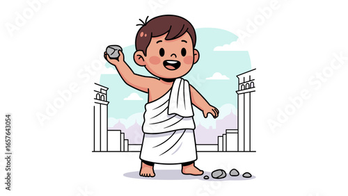 Cute Muslim Boy throw the Jumrah in Mina during hajj
