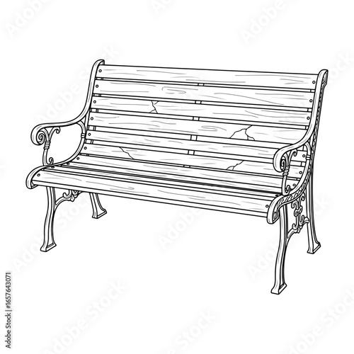 Black and white line drawing of a vintage wooden park bench with ornate cast iron legs