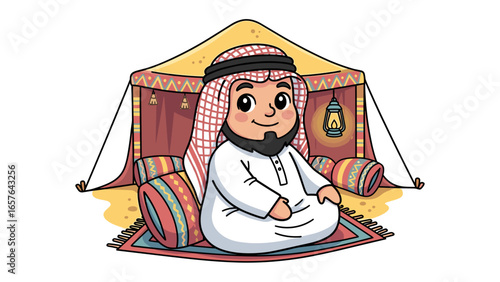 Cartoon Arab man sitting in a traditional Bedouin desert tent. Middle Eastern lifestyle vector art.