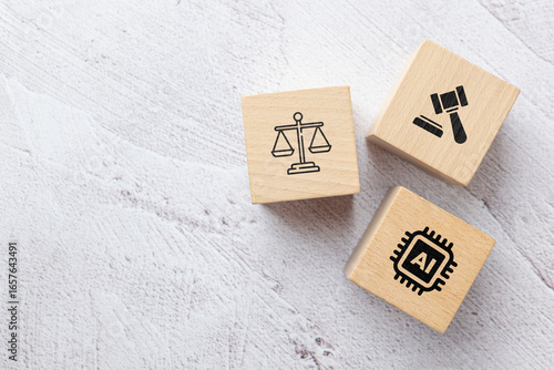 Fotografie Wooden blocks with icons of AI, law, and justice scale, concept of legal challen