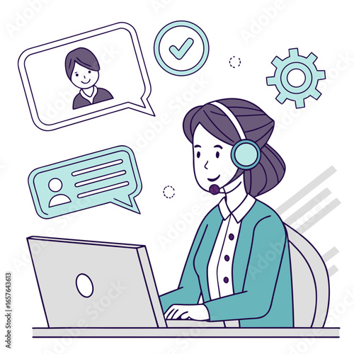 Woman wearing headset working on laptop with chat bubbles computer