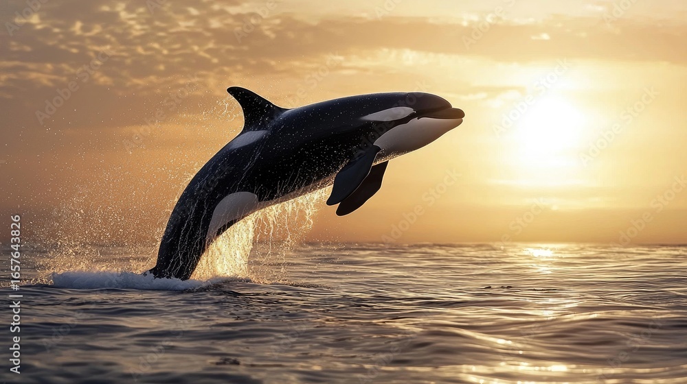 Fototapeta premium Large Orca jumping out of water in wide open ocean during sunset. Smooth and soft details, and NOT to look cartoonish, with great depth of field as the eyes 