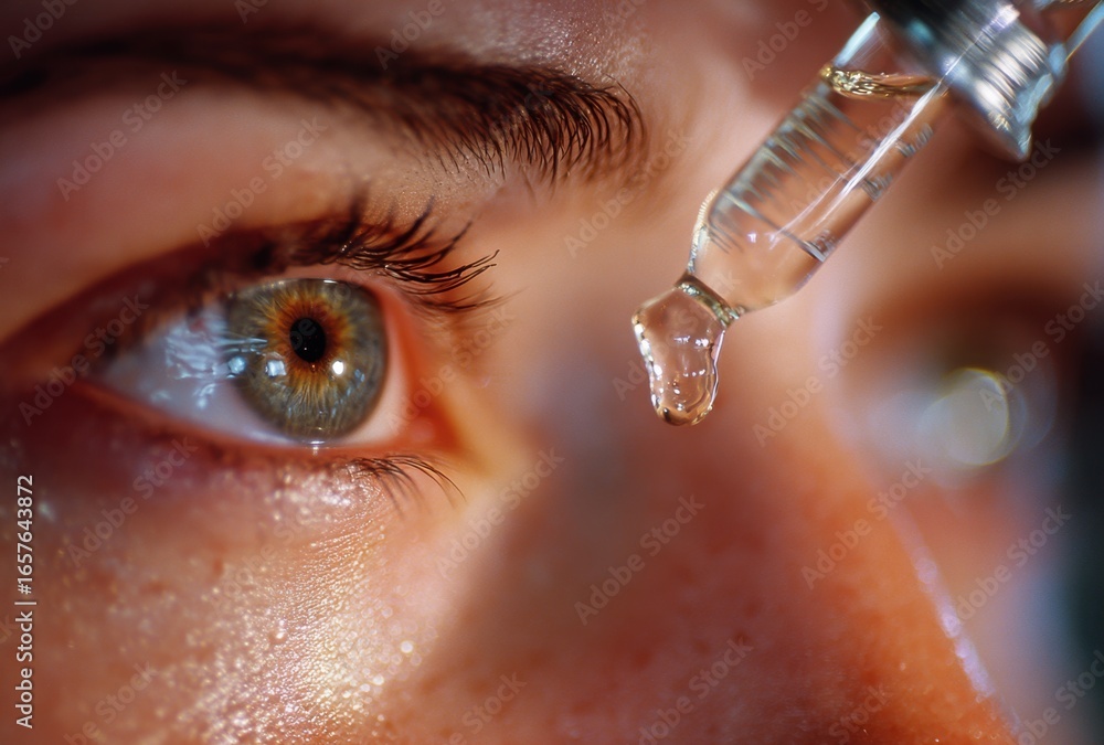 Fototapeta premium Close-up of a medical professional administering a precise eye injection using a syringe and dropper with focus on eye health treatment