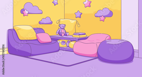 A cozy cartoon playroom interior with purple beanbag chairs, a teddy bear, and star and cloud decorations on a yellow wall.