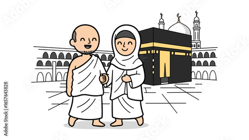Muslim Pilgrims Walking to Mecca, Embracing Islamic Tradition, Celebrating Hajj, and Praying Together