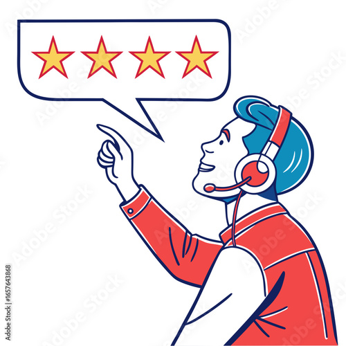Man with headset gives three star rating stars customer service