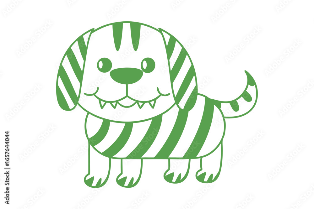 Fototapeta premium Striped green dog stands happily, showcasing its small teeth and adorable curled tail