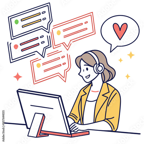 Friendly female support staff responding to online messages customer service communication