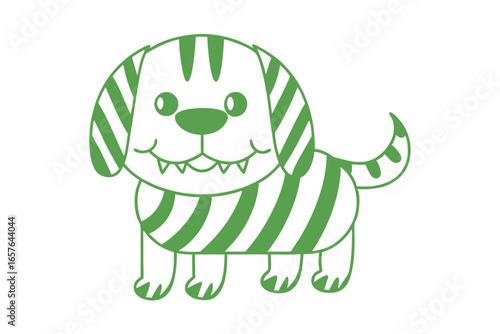 Striped green dog stands happily, showcasing its small teeth and adorable curled tail