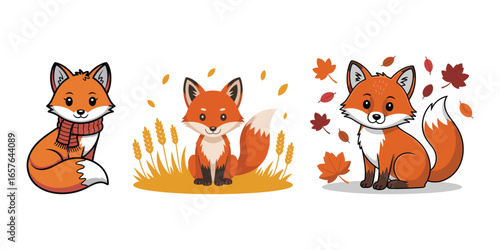 Vector art of cute cartoon foxes in autumn setting with falling leaves, autumn vector clipart