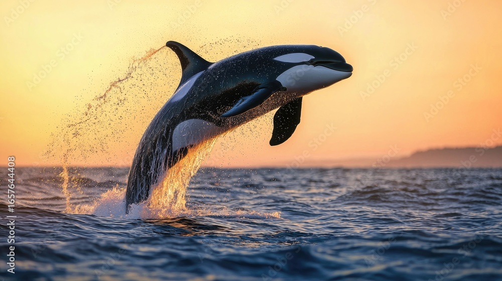 Obraz premium Large Orca jumping out of water in wide open ocean during sunset. Smooth and soft details, and NOT to look cartoonish, with great depth of field as the eyes 