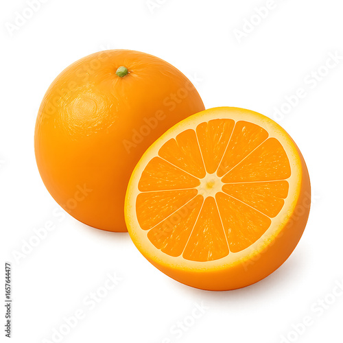 Orange Fruit with a Slice Shown on a transparent background, Highlighting the Juicy Segments and Vibrant Color.