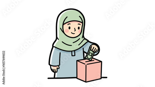 Muslim Woman Donating to Charity Box in a Traditional Islamic Outfit