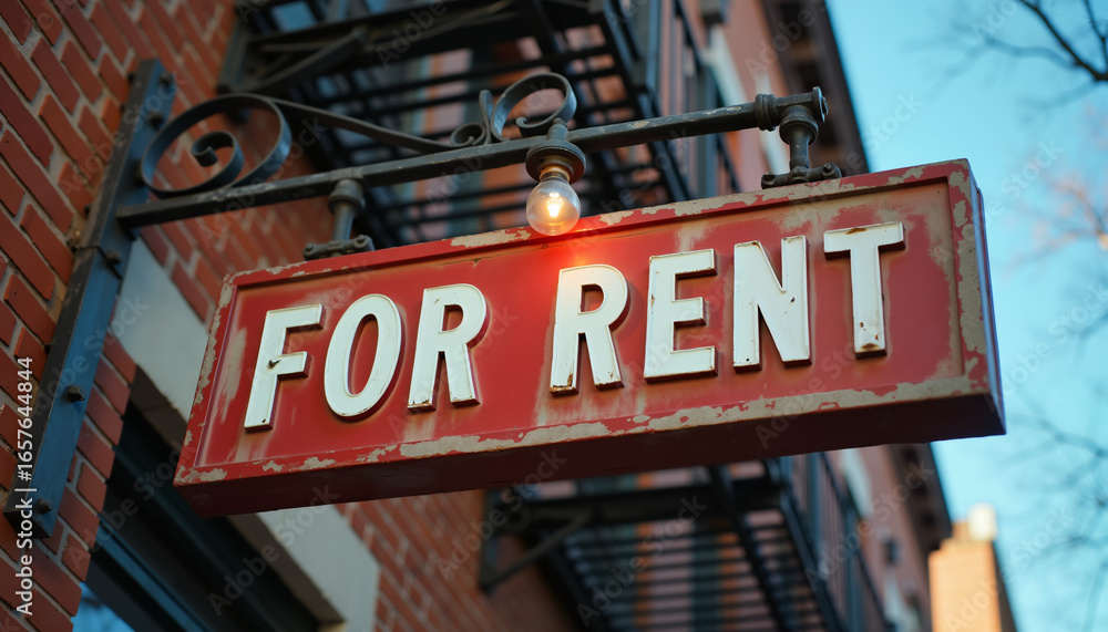 Obraz premium For Rent sign hanging on a brick building exterior in an urban setting. Real estate concept, city property rental, housing and business opportunity. 