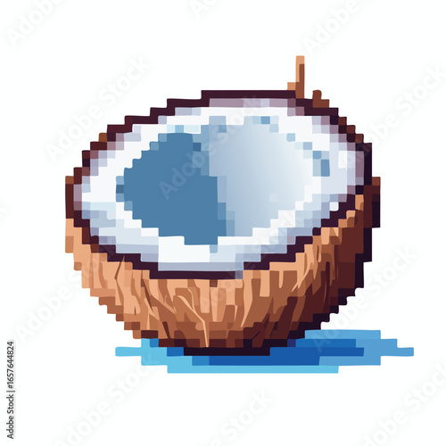 Pixelated illustration of a halved coconut, showcasing the white flesh and brown husk.