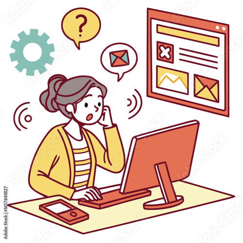 Woman looking puzzled working on computer with notifications cartoon confused