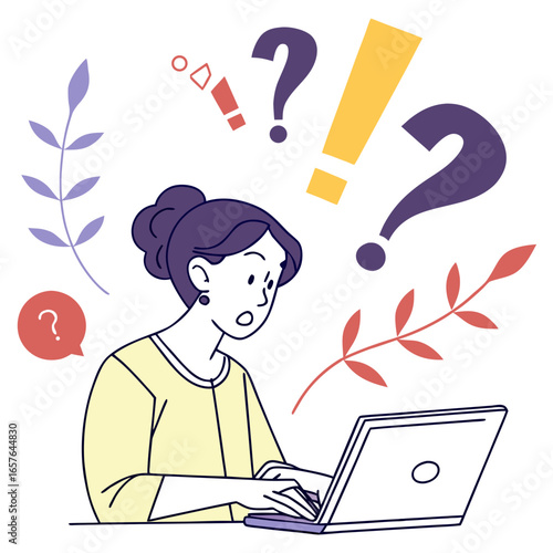 Woman perplexed by laptop with question marks and foliage confused exclamation mark