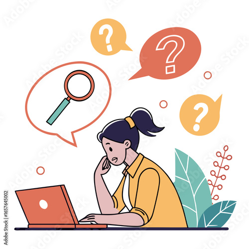 Woman questioning while searching on laptop with magnifying glass vector
