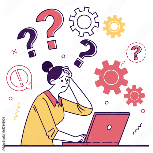 Woman stressed with questions and gears working on laptop confused computer