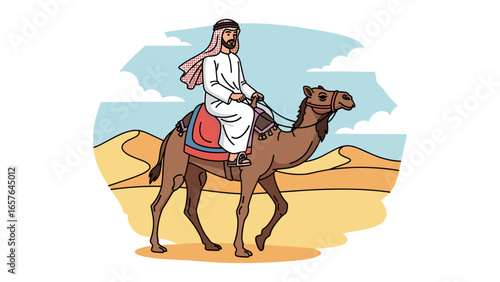 Bedouin man in traditional Arab clothing riding a camel across the desert sand dunes concept.