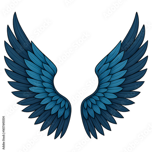 Wings with Intricate Blue Feathers Displayed in a Symmetrical, Stylized Design, Showcasing a Detailed and Artistic Representation
