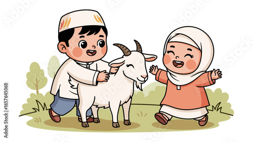Joyful Kids with a White Goat, Celebrating Eid al-Adha Islamic Sacrifice Day Tradition with Smiles