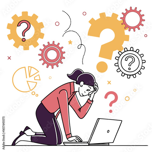 Woman confused by technology and gears laptop question mark