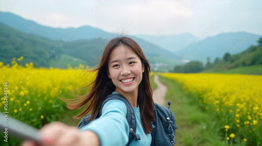cheerful_korean_woman_taking_a_selfie_with_a_selfie_stick_on_a_hiking_trail_overlooking_wide_green cheerful_korean_woman_taking_a_selfie_with_a_selfie_stick_on_a_hiking_trail_overlooking_wide_green