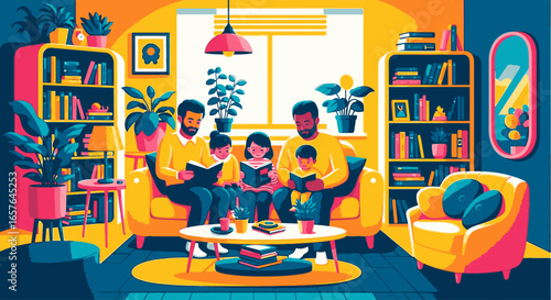 A colorful illustration of a family with two fathers and three children reading books together on a sofa in a cozy, plant-filled living room.
