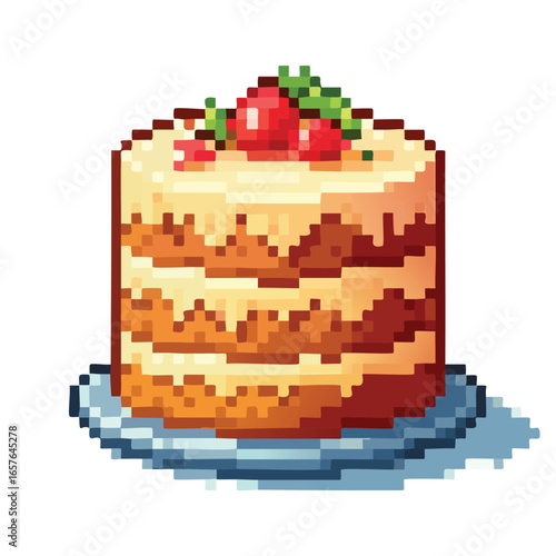 Pixelated illustration of a layered cake with frosting, strawberries, and mint leaves on a plate.