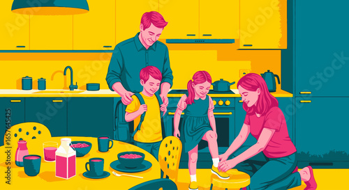 A family with two children getting ready for school during breakfast in a colorful modern kitchen.