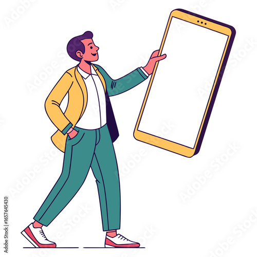 Man holding large smartphone with blank screen technology communication