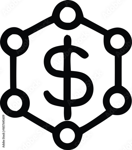 Hexagonal network structure surrounding a dollar sign symbolizing financial connectivity and digital currency