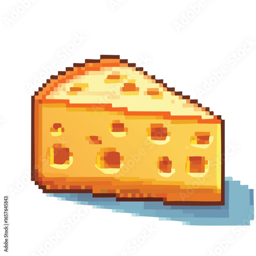 A pixelated illustration of a triangular cheese wedge with several holes, isolated on white.