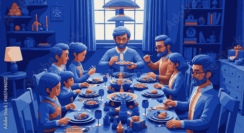 An illustrative depiction of a large, multi-generational family sharing a meal together in a blue-toned dining room.