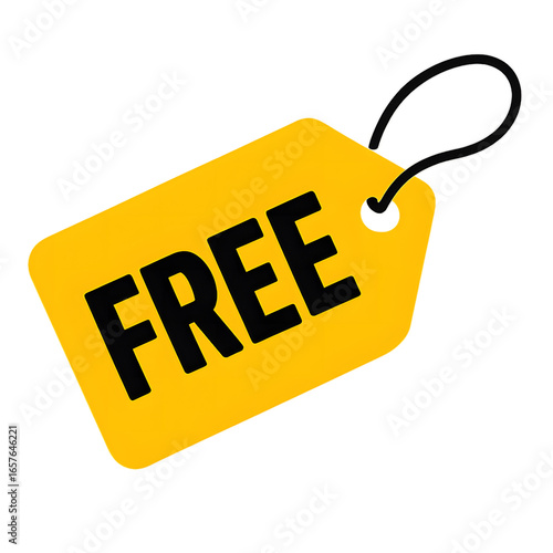 Tag Displaying the Word Free on a Bright Yellow Price Tag with a Black String, Isolated on transparent background for Promotional Offers and Discounts