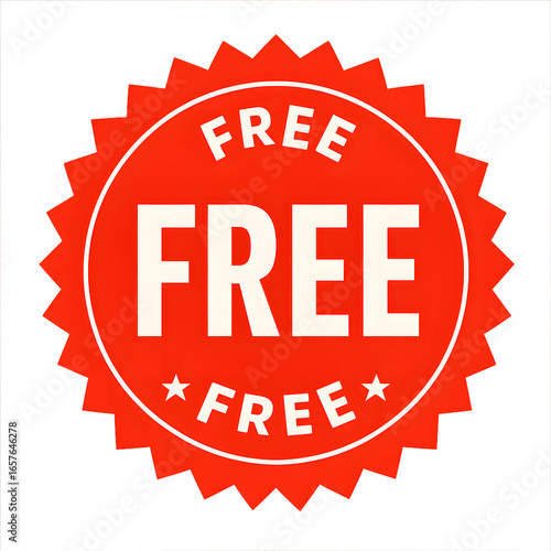 Free Stamp Icon with Bold White “Free” Text Inside a Red Rosette Badge, Graphic Label for Promotions, Discount Offers, and Marketing Design