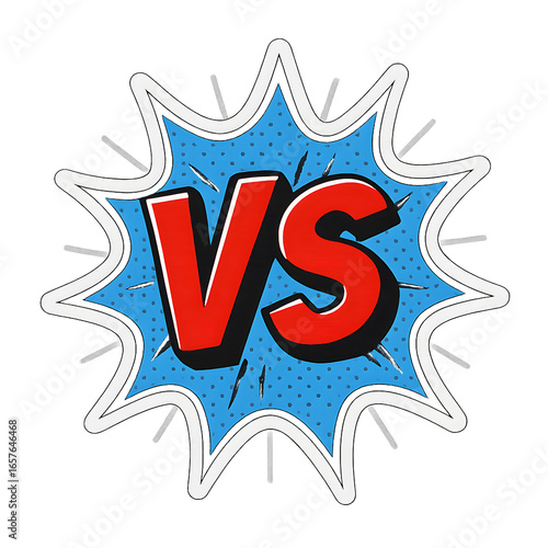 Vs Symbol in a Comic Book Style with a Blue Burst Background and Red Lettering, Representing a Competition or Rivalry