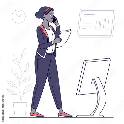 Professional woman talking on phone with documents and computer business office