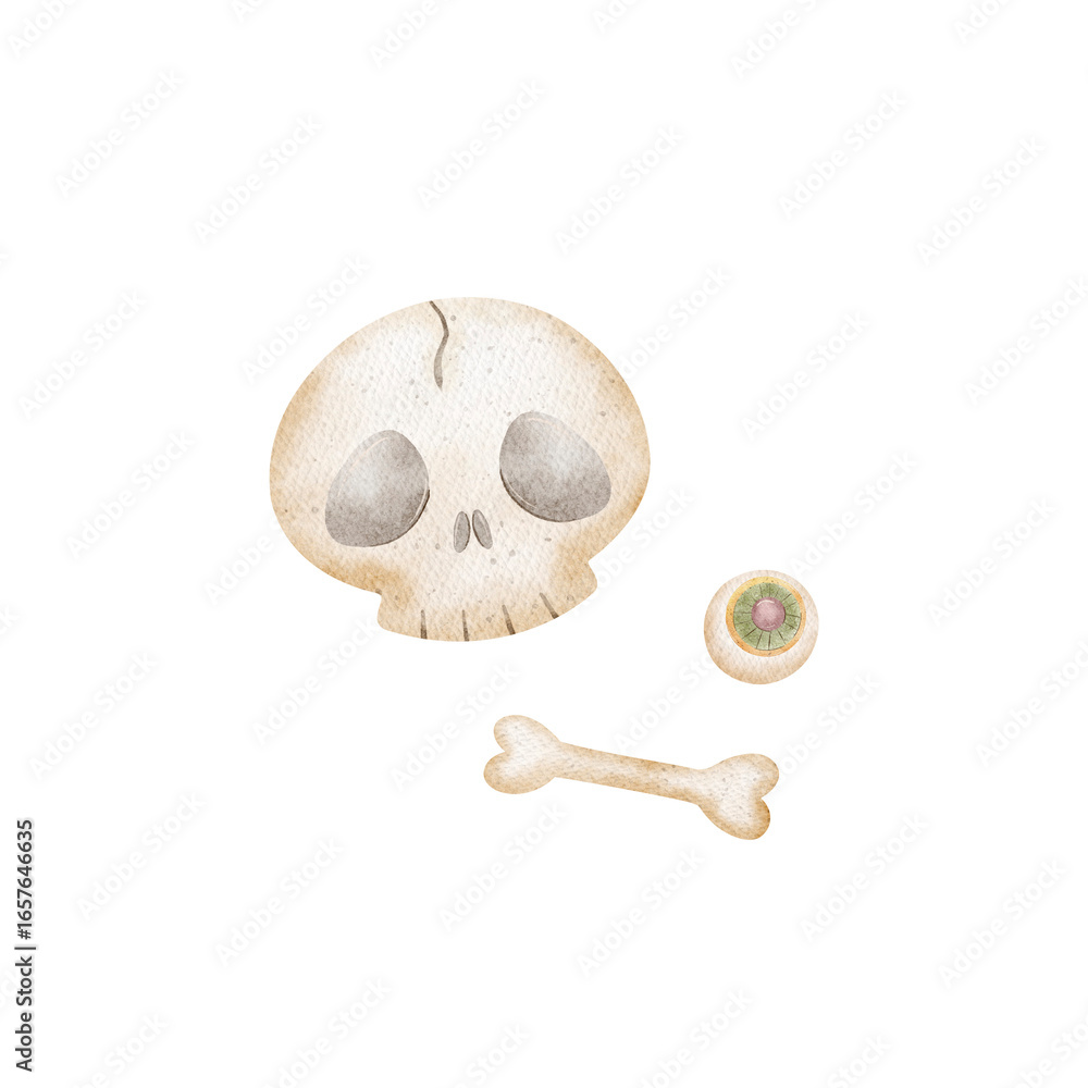 Obraz premium Watercolor Halloween illustration skull, bones, skeleton, eyeball. Human head, eye hand drawn in childish cute style on isolated background for design holiday card poster invitation packaging clothes