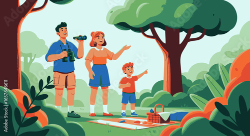 A happy family of three enjoying a picnic and birdwatching together in a lush green park.
