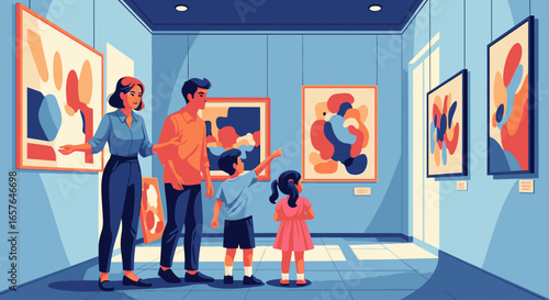 A young family with two small children explores a modern art gallery, admiring colorful abstract paintings on the walls.