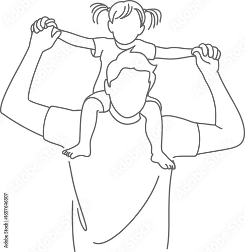 Line art father carrying daughter on shoulders with transparent background line drawing