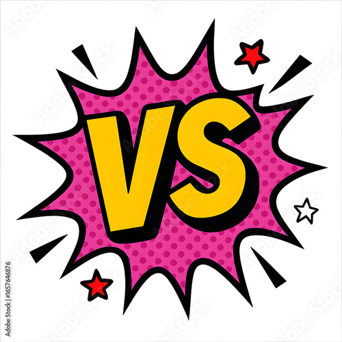Versus Symbol in Bold Yellow Letters with Pink Comic-Style Burst and Stars, Representing Competition or Rivalry